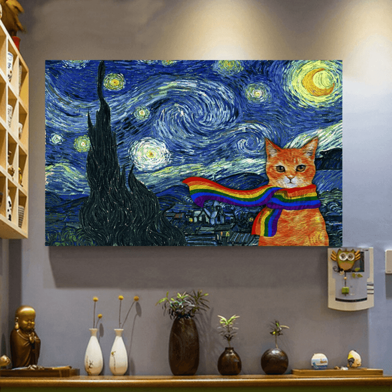 Cat Starry Night Horizontal Poster Canvas