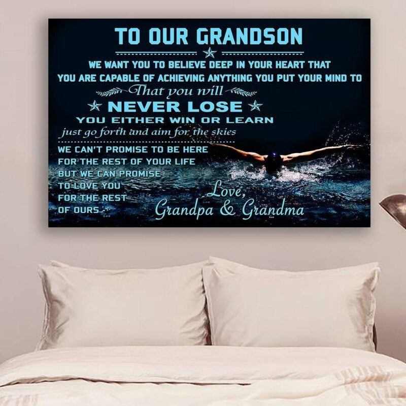 Swimming Poster Canvas To our grandson Never lose wall decor visual art