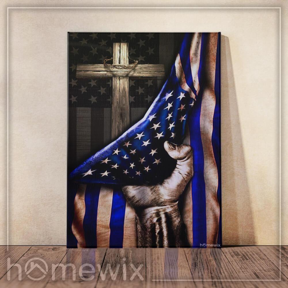 The Thin Blue Line Christian Cross America US Poster CanvasWall Art ...