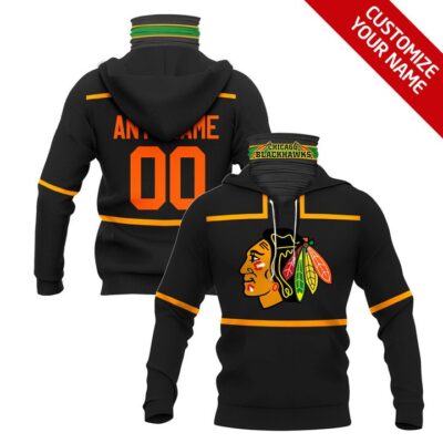 Chicago Blackhawks Nhl Ice Hockey Team Logo Black Jersey Style Custom Number Name For Blackhawks Fans Gaiter Hoodie GH0352
