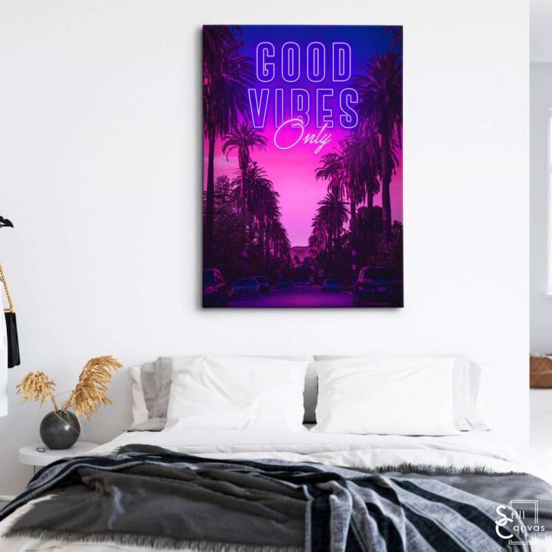 Creative Canvas Art - Good Vibes Only Los Angeles Hollywood Purple/Blue Wall Art Framed Canvas Poster Print