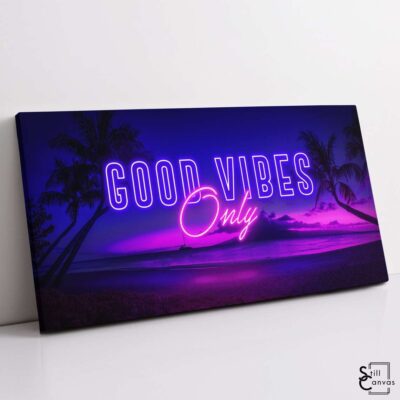 Creative Canvas Art Good Vibes Only Positive Quote Neon Style Purple Framed Canvas Wall Art Poster Print 2