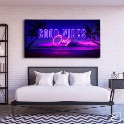 Creative Canvas Art Good Vibes Only Positive Quote Neon Style Purple Framed Canvas Wall Art Poster Print 3