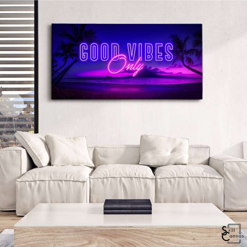 Creative Canvas Art - "Good Vibes Only" Positive Quote Neon Style Purple Framed Canvas Wall Art Poster Print