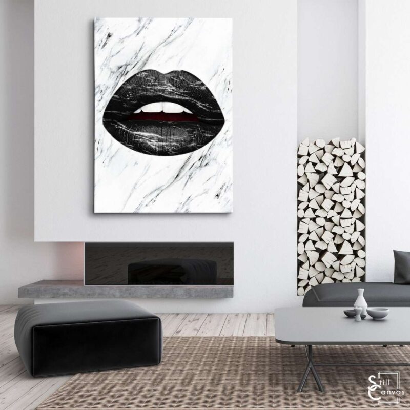 Creative Canvas Art - Lips Design Black Marble Teeth Kiss Fashion Style Wall Art Framed Canvas Poster Print