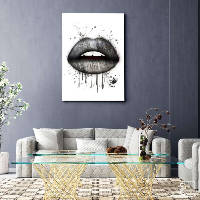 Creative Canvas Art - Lips Design Black Paint Splatter Kiss Fashion Style Wall Art Framed Canvas Poster Print