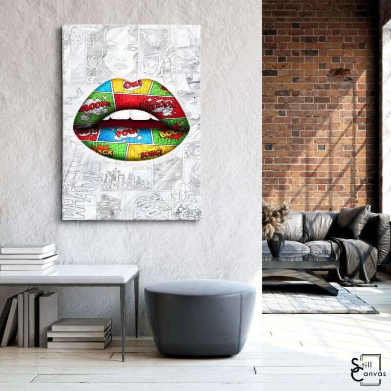 Creative Canvas Art - Lips Design Comic Style Color Teeth Kiss Fashion Style Wall Art Framed Canvas Poster Print