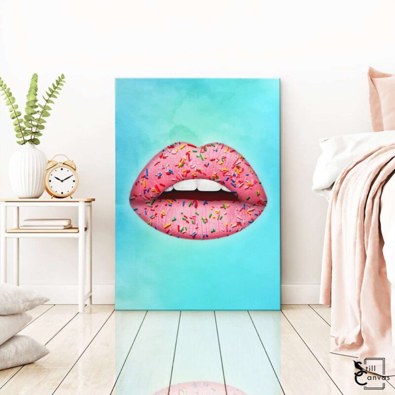 Creative Canvas Art - Lips Design Pink Sprinkles Teeth Kiss Fashion Style Wall Art Framed Canvas Poster Print