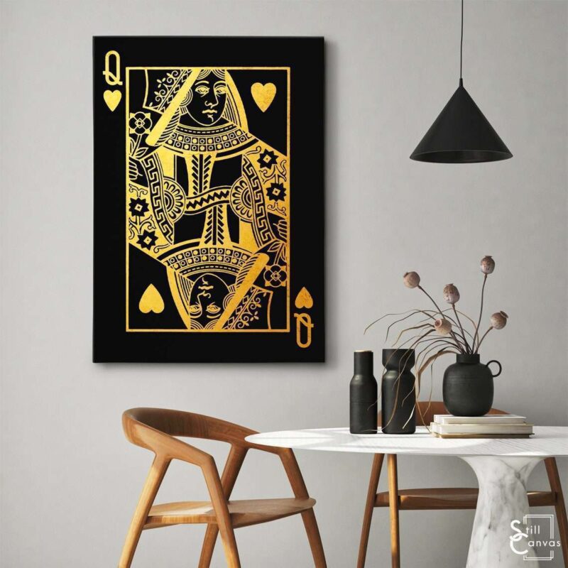 Creative Canvas Art - Queen Playing Cards Black & Gold Texture Fashion Wall Art Framed Canvas Poster Print