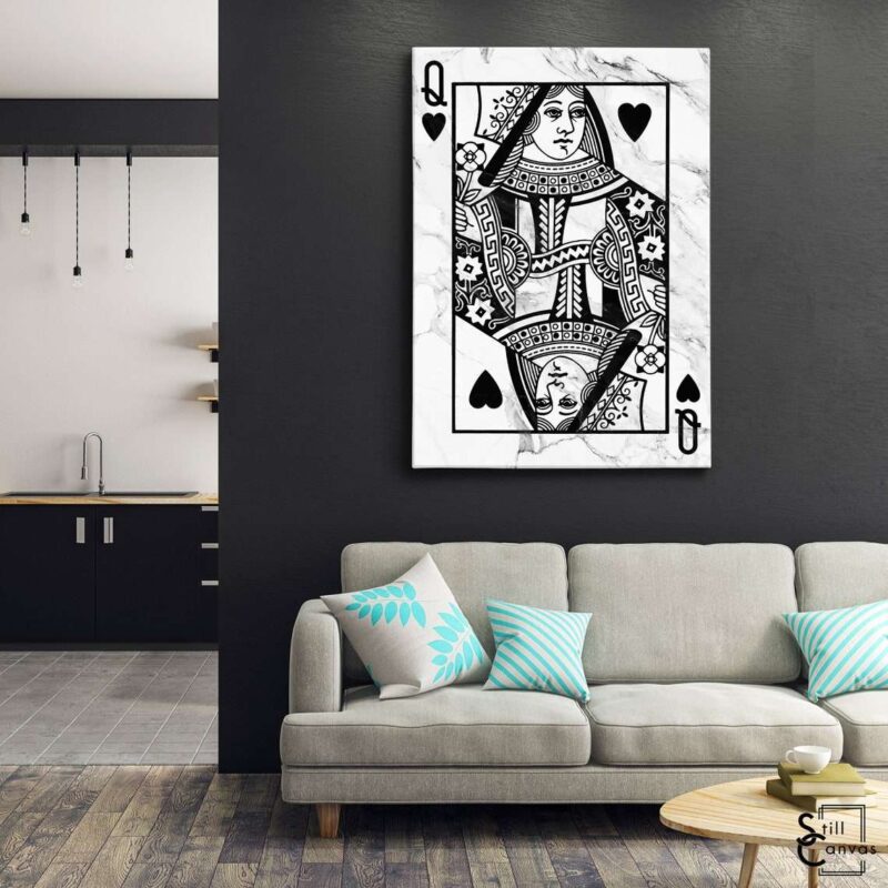 Creative Canvas Art - Queen Playing Cards White Marble Texture Fashion Wall Art Framed Canvas Poster Print