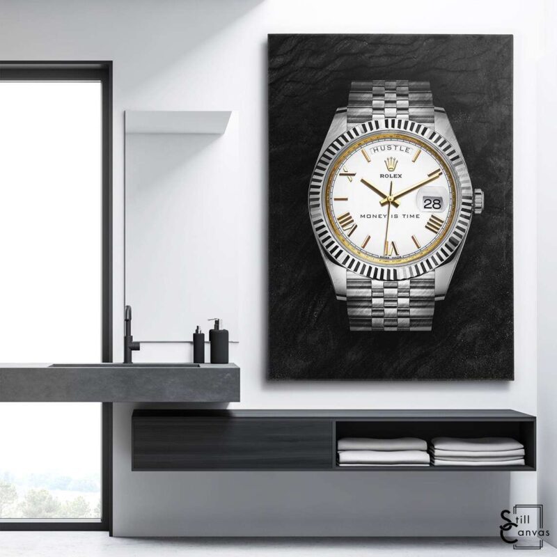 Creative Canvas Art - Rolex "Money Is Time" Silver & Gold Watch Fashion Wall Art Framed Canvas Poster Print