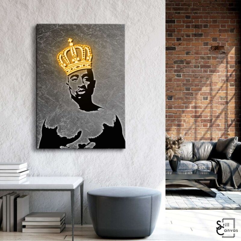 Creative Canvas Art - Tupac Shakur Legend Crown Neon Glow Style Hip Hop Rap Wall Art Framed Canvas Poster Print