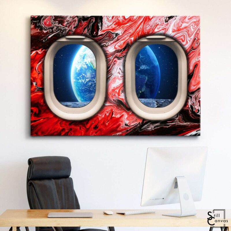 Creative Canvas Art - Window Seat Earth Space Painting Style Planet Abstract Framed Canvas Wall Art Poster Print