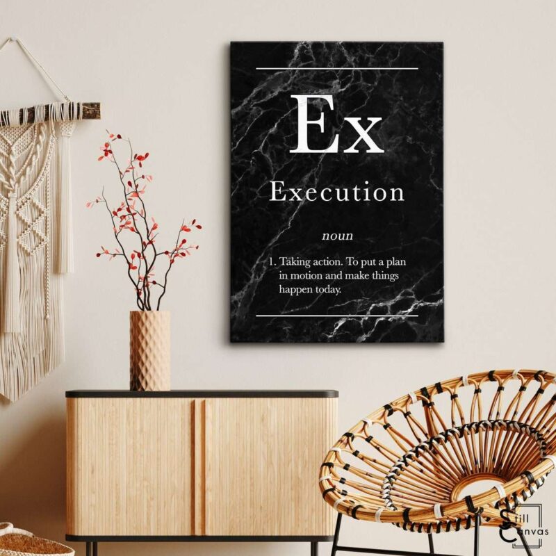 Definition Canvas Art - "Execution" Quote Black Marble Motivational Inspirational Wall Art Framed Canvas Poster Print