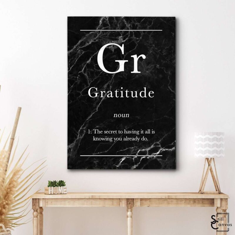 Definition Canvas Art - "Gratitude" Quote Black Marble Motivational Inspirational Wall Art Framed Canvas Poster Print