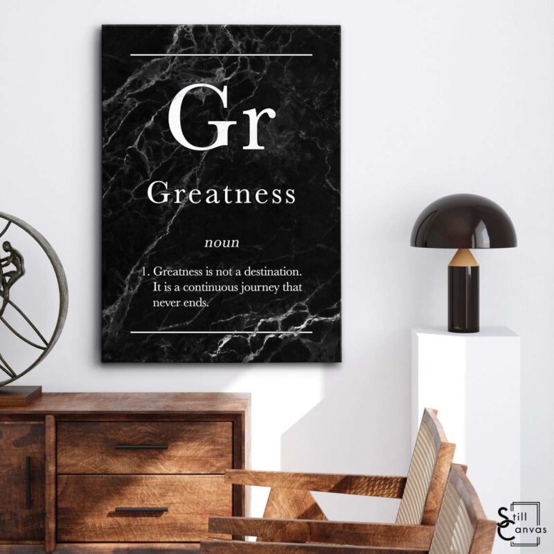 Definition Canvas Art - "Greatness" Quote Black Marble Motivational Inspirational Wall Art Framed Canvas Poster Print