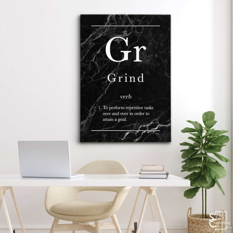 Definition Canvas Art - "Grind" Quote Black Marble Motivational Inspirational Wall Art Framed Canvas Poster Print