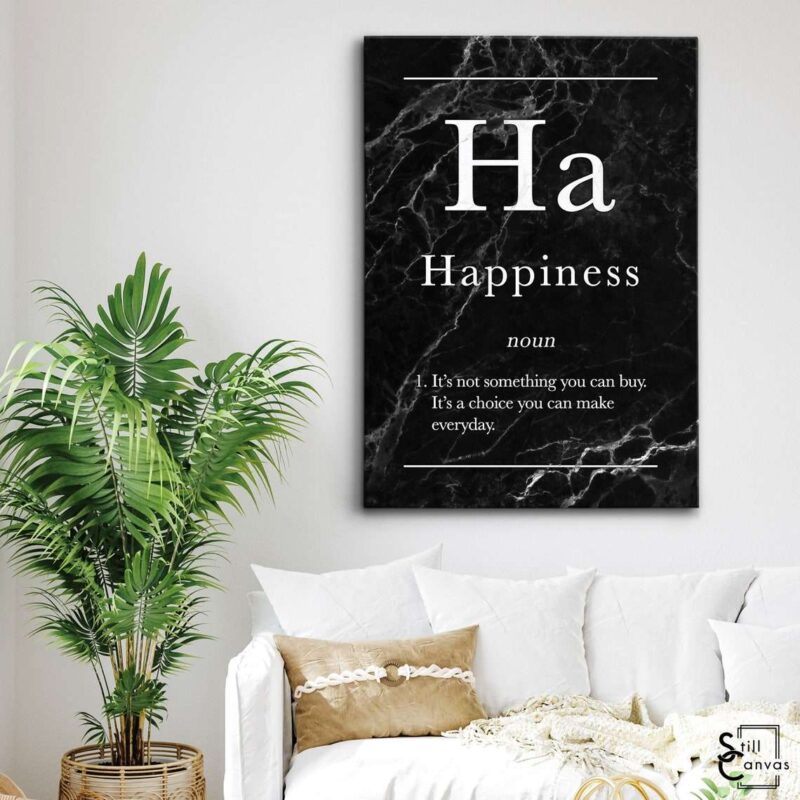 Definition Canvas Art - "Happiness" Quote Black Marble Motivational Inspirational Wall Art Framed Canvas Poster Print