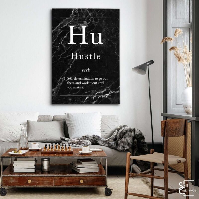 Definition Canvas Art - "Hustle" Quote Black Marble Motivational Inspirational Wall Art Framed Canvas Poster Print