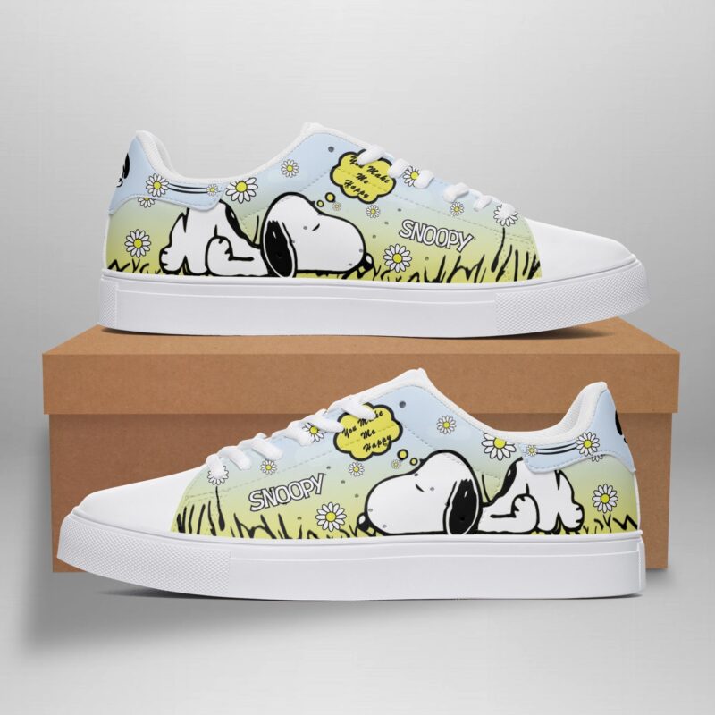 Disney Snoopy Laying Down Grass Low Top Leather Skate Shoes