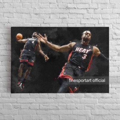 Lebron James And Dwyane Wade Alley Oop Canvas, Basketball Print, Sports Wall Art, Miami