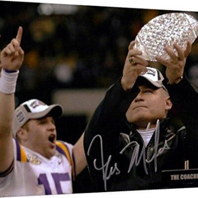 Les Miles - LSU Tigers "Championship Trophy" Autograph Print - Canvas Print Wall Art Decor