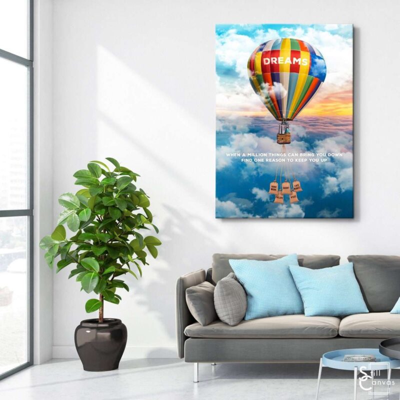 Motivational Canvas Art - Dreams Hot Air Balloon Sky Quote Inspirational Wall Art Framed Canvas Poster Print