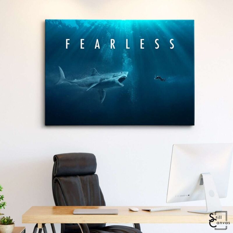 Motivational Canvas Art - "Fearless" Scuba Diver Shark Quote Inspirational Framed Canvas Wall Art Poster Print