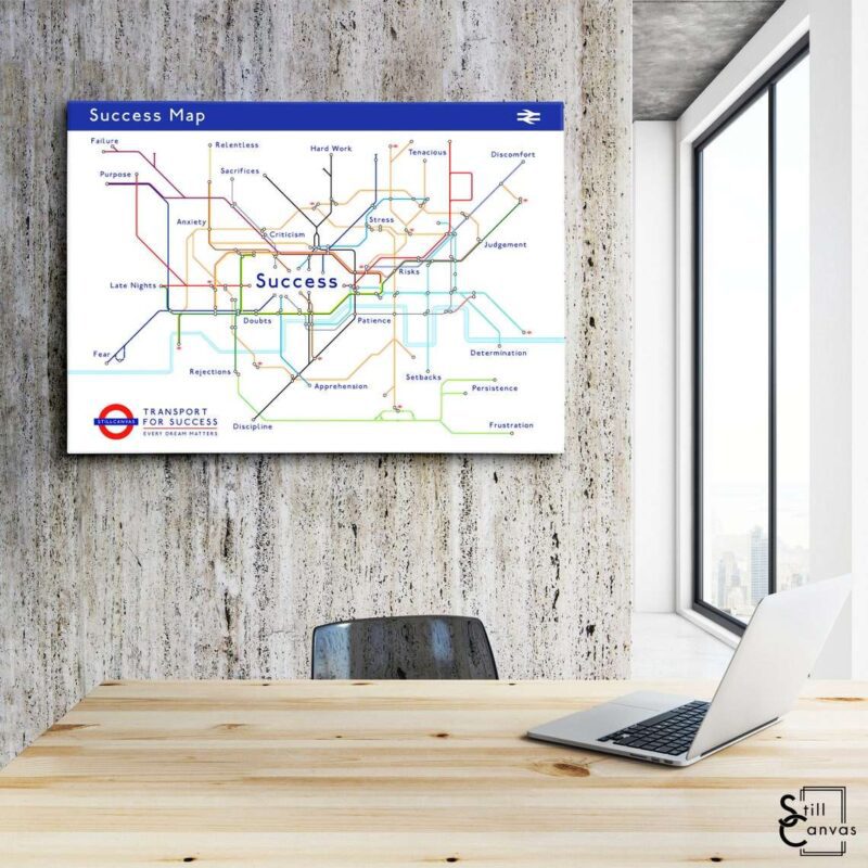 Motivational Canvas Art - London Underground Success Map Quote Inspirational Wall Art Framed Canvas Poster Print