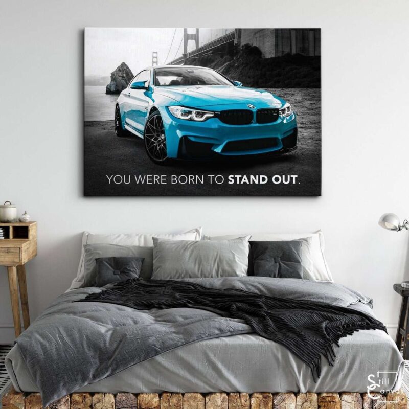 Motivational Canvas Art - "Stand Out" Blue Bmw M4 Car Quote Inspirational Framed Canvas Wall Art Poster Print