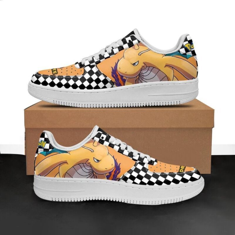 Poke Dragonite Sneakers Checkerboard Custom Pokemon Shoes Air Force 1 Sneakers