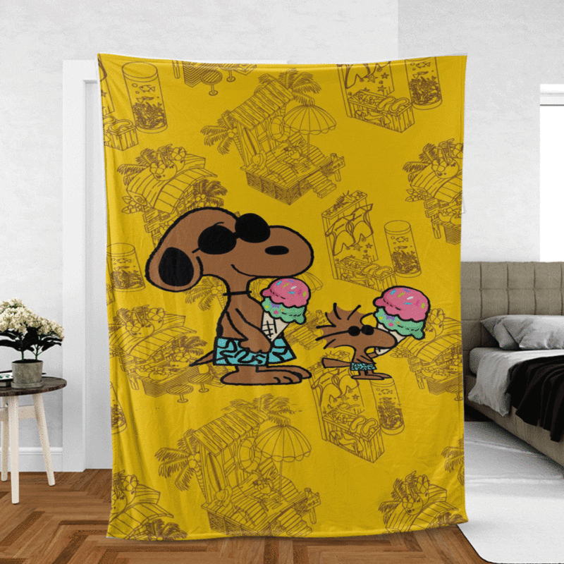 Snoopy And Woodstock Cream Vacation Summer Peanuts Cartoon Gift Lover Comfy Sofa Throw Blanket Gift