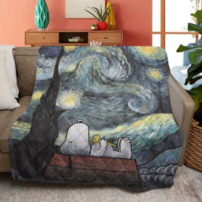 Snoopy Blanket Gift For Fan, Snoopy Peanuts Woodstock Starry Night Blanket