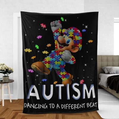 Super Mario Fan Gift, Autism Awareness Gift, Super Mario Dancing Gift, Autism Dancing To A Different Beat Comfy Sofa Throw Blanket Gift