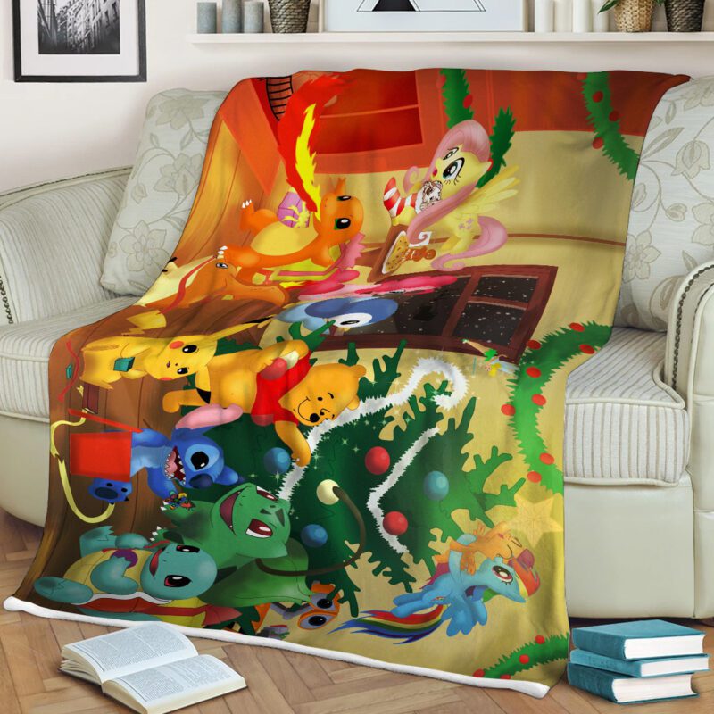 The Pooh With Stitch And Pokemon Christmas Comfy Sofa Throw Blanket Gift