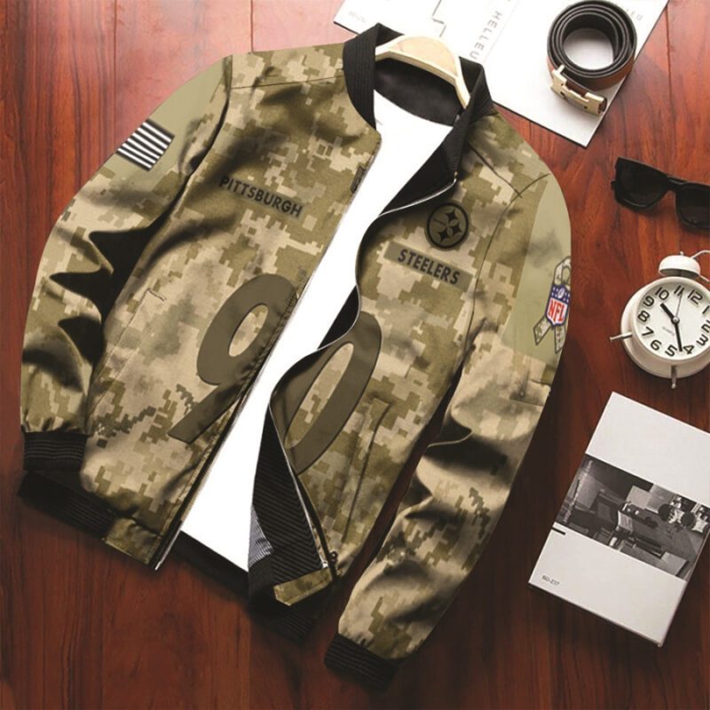 90 Watt Pittsburgh Steelers Salute To Service Camo Jersey Style Gift for Steelers Fans Bomber Jacket BJ00734