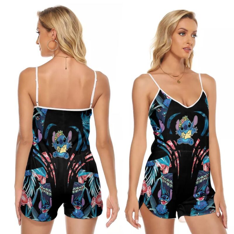 Adorable Stitch Pattern Fictional Charater Hawaii Gift For Cartoon Movie Music Lovers Stitch Fans V-neck Romper Jumpsuit RJ00638