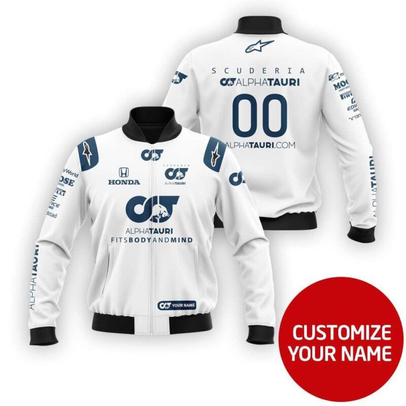 Alphatauri F1 Racing Team #00 Fits Body And Mind White Racing Suit Style Gift With Custom Number Name For Alphatauri F1 Racing Team Fans Bomber Jacket BJ03759