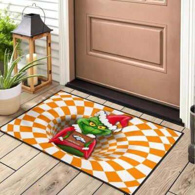 American Football Team Door Mat Grinch Wearing Santa Clothes Holding Denver Broncos Door Mat Welcome Mat 2