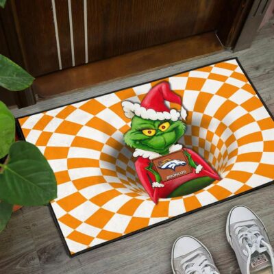 American Football Team Door Mat Grinch Wearing Santa Clothes Holding Denver Broncos Door Mat Welcome Mat 3
