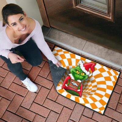 American Football Team Door Mat Grinch Wearing Santa Clothes Holding Denver Broncos Door Mat Welcome Mat 4