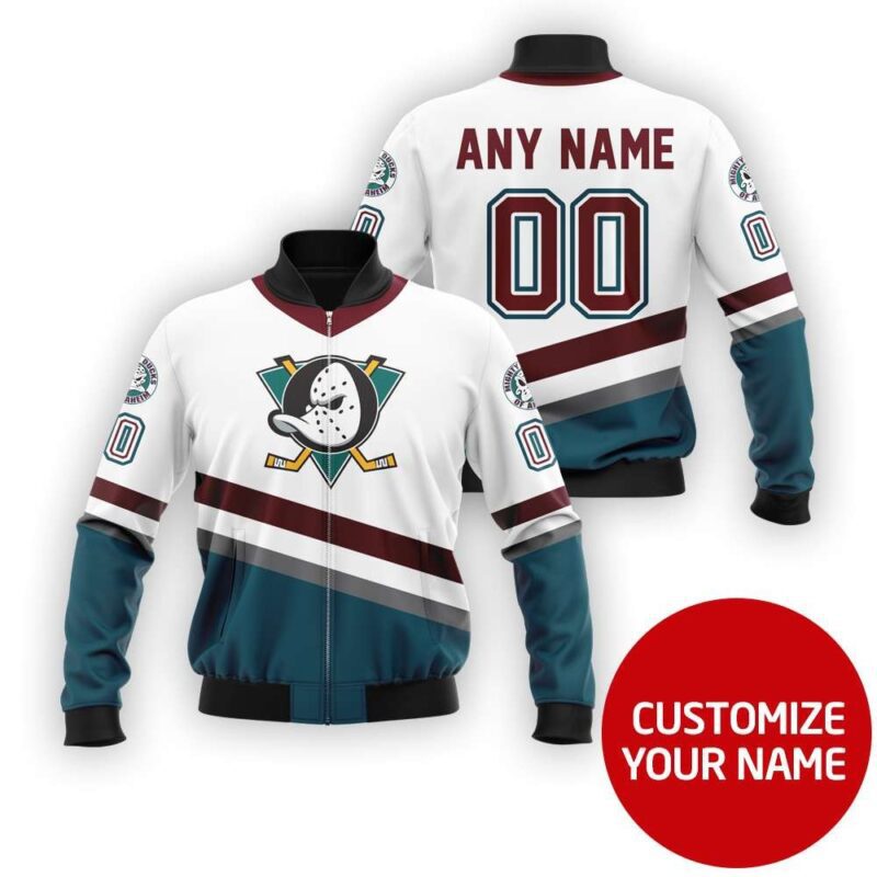 Anaheim Ducks Hockey Team Nhl White And Blue Personalized Gift With Custom Number Name For Ducks Fans Bomber Jacket BJ03786