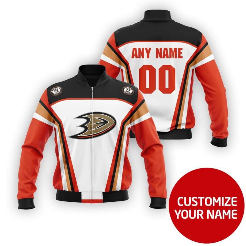 Anaheim Ducks Hockey Team Nhl White And Orange Personalized Gift With Custom Number Name For Ducks Fans Bomber Jacket BJ03610