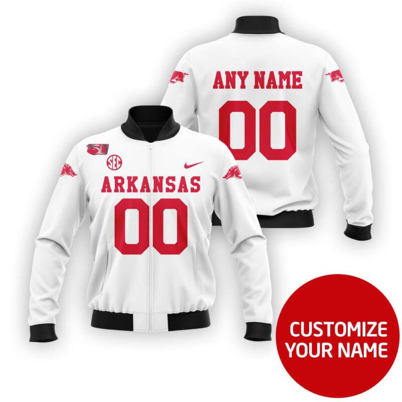 Arkansas Razorbacks Sport Team Ncaa White Personalized Number Name Gift For Razorbacks Fans Bomber Jacket BJ03977