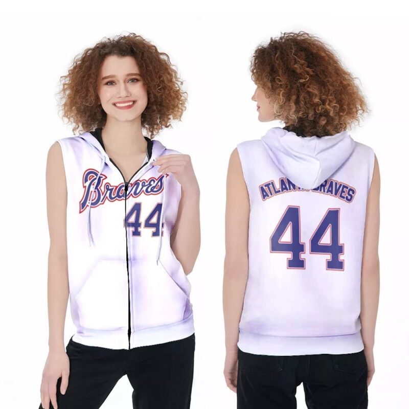 Atlanta Braves Hank Aaron 44 2020 MLB White And Blue Jersey Inspired Style Zip Sleeveless Hoodie ZSH1562