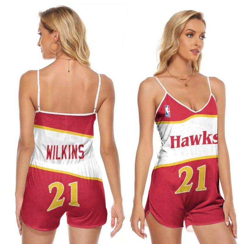 Atlanta Hawks Dominique Wilkins #21 NBA Logo Mitchell Ness 1986 87 Hardwood Classics Swingman Red Gift For Atlanta Fans V-neck Romper Jumpsuit RJ00404