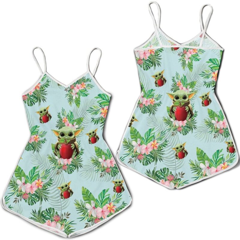 Baby Yoda Hugging Apples Seamless Tropical Green Leaves On Green Romper RJ01798