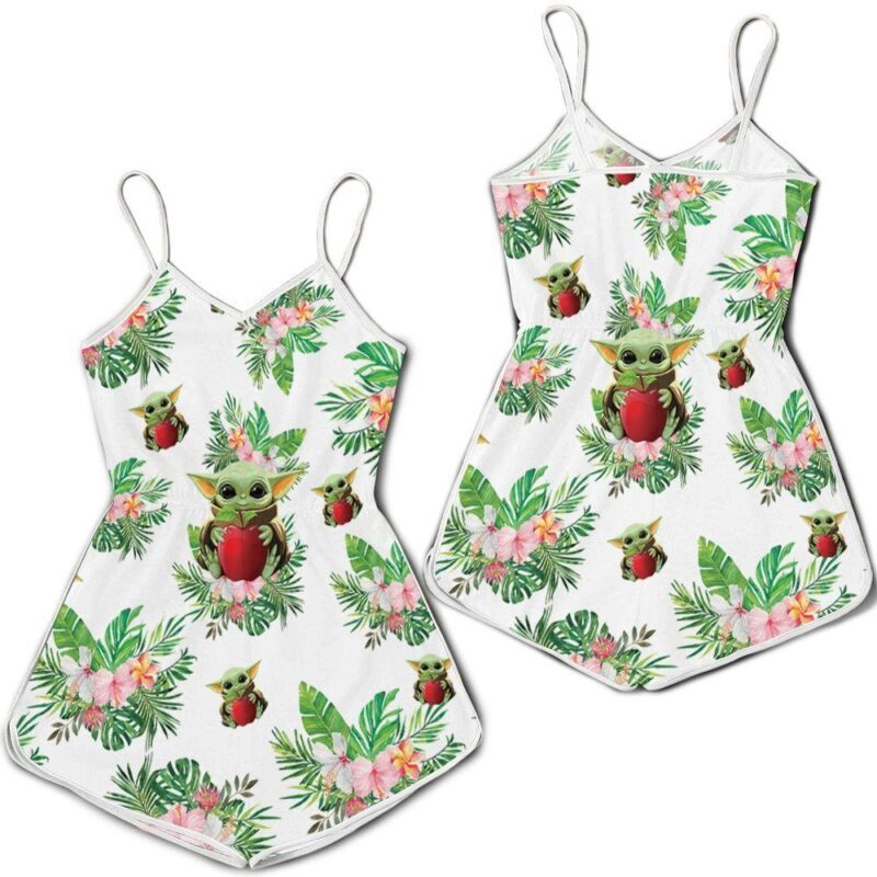 Baby Yoda Hugging Apples Seamless Tropical Leaves Colorful Flowers On White Romper RJ01663