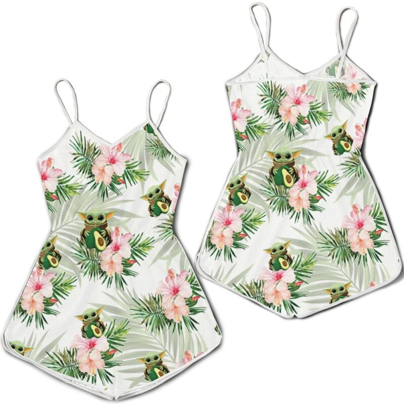 Baby Yoda Hugging Avocadoes Seamless Tropical Colorful Flowers Green Leaves On White Romper RJ01770