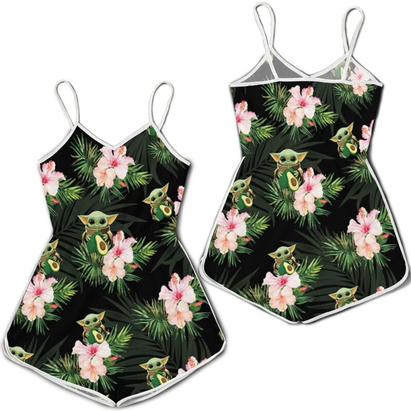 Baby Yoda Hugging Avocadoes Seamless Tropical Flowers And Green Leaves On Black Romper RJ01667